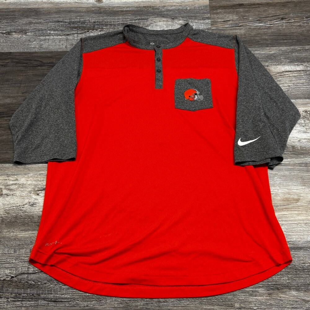 Nike NFL Team Cleveland Browns Mens L Football Dri Fit 3/4 Sleeve Henley T-Shirt